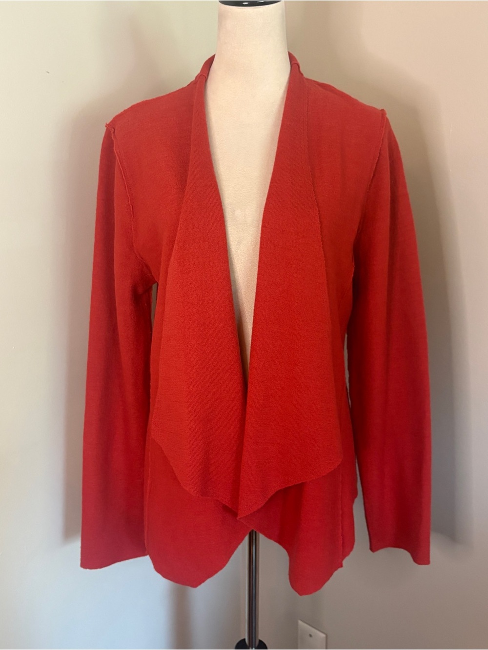 Susan Bristol 100% Wool Orange Red Waterfall Cardigan Panel Seams Large Like New